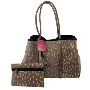 Pinktag Neoprene Tote Bag Fawn Spots Print Zipper Pouch Set Travel Beach NEW